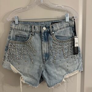 Blank NYC Light Blue Studded High-Rise Denim Shorts